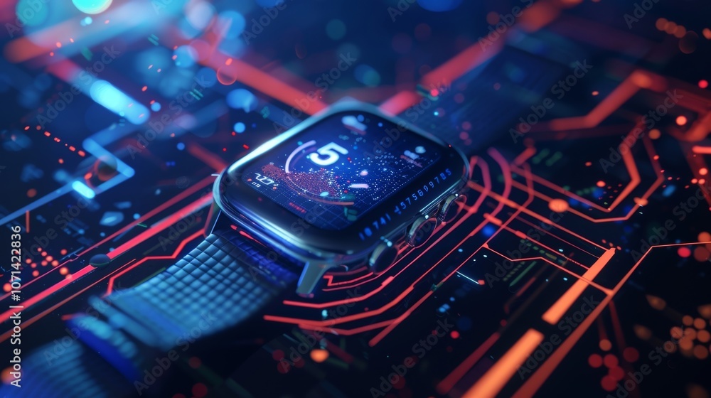 Poster futuristic smartwatch rests on a vibrant, glowing circuit board, its screen displaying intricate glo