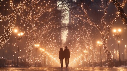 Romantic Couple Stroll Winter Lights Cityscape Festive Season