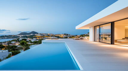 Fototapeta premium Modern villa overlooking a serene pool with stunning mountain views during twilight hours