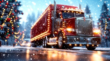 Red semi truck driving through snowy landscape, white trees lining icy road, winter transport scene.