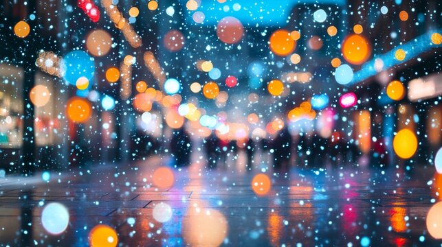 Bustling city street, blurred lights, evening rush, vibrant colors, urban life, motion, people, cars, dynamic energy.