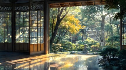 Fototapeta premium Traditional Japanese Tea House with Serene Garden View and Soft Morning Light