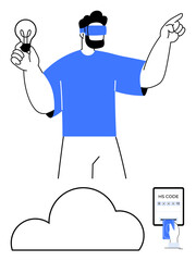 Man wearing VR headset holding light bulb and pointing, large cloud shapes, touchscreen with HS CODE. Ideal for technology, innovation, cloud computing, virtual reality, touch interfaces