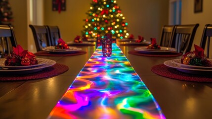 Festive dining setup with elegant tableware Christmas tree adorned with twinkling lights in cozy holiday setting.