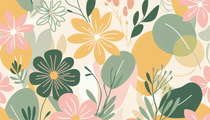 Abstract floral-inspired shapes in soft pinks, yellows, and greens on a light background
