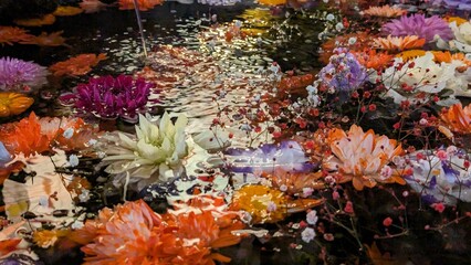 神社の手水舎に浮かぶ花々