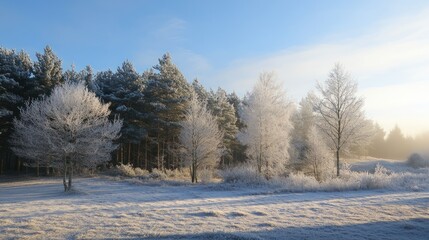 Obraz premium Ice-covered trees creating a magical Christmas forest landscape, with snow and frost adding to the wintery feel.