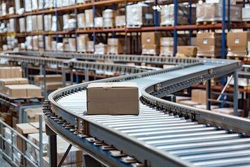 Fototapeta premium Conveyor belt in a bustling warehouse efficiently handling the flow of packages