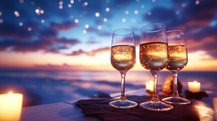 Two glasses of red wine on table, golden sunset in background, creating romantic ambiance.