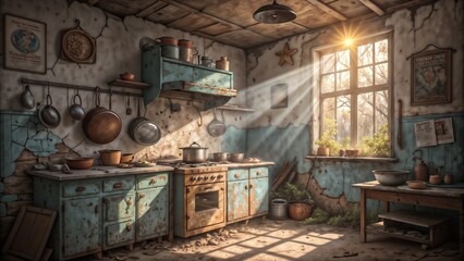 Fototapeta premium Old rustic kitchen with sunlight streaming in, past tense