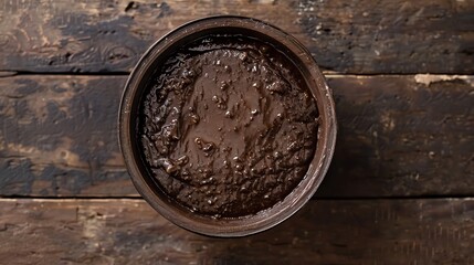 A bowl of dark, thick homemade chocolate fudge on a rustic wooden background.