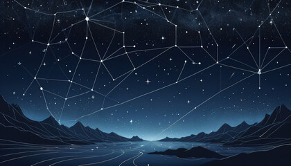 Fototapeta premium Celestial-inspired scene with dots and lines representing stars and constellations on a deep blue background