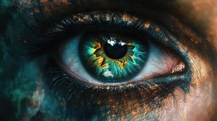 Intricate eye art in realistic hues, with unusual placement on the face, blending blue, green, and brown tones for impact