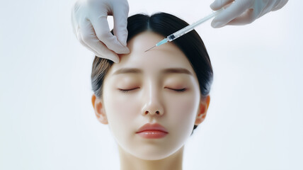 Asian cosmetic professional administering injections to women's forehead lines. Non-surgical facial for anti-aging treatments.
