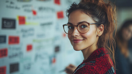 A woman wearing glasses and a red sweater is smiling at the camera