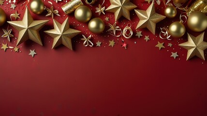 New Years Eve corner border banner of glittery gold stars streamers decorations and noisemakers.