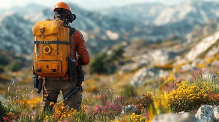 Fototapeta premium Hiker in a vibrant mountain landscape with a yellow backpack.