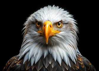 Obraz premium Closeup of Majestic American Bald Eagle on Black Background â€“ Minimalist Wildlife Photography, Nature, Bird of Prey, Eagle Portrait, Wildlife Art, Animal Closeup, American Symbol, Dark Aesthetic