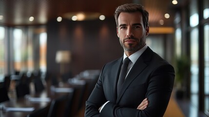 Fototapeta premium A photo of a marketing manager in a black suit standing in a conference room with sideways light, making the image look solid and powerful.