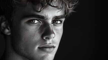 A portrait of a young man in a black and white studio lighting with top lighting. Light and shadow create a strong and powerful image.