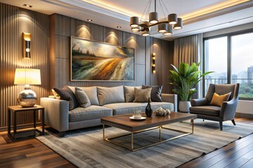 Contemporary Three-Dimensional Living Room Render with Stylish Couch and Luxurious Furniture for Interior Design Portfolio