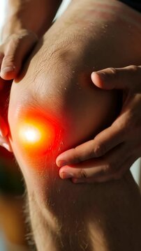 Joint discomfort: visualization of knee pain in patella area highlights challenges of mobility and importance of understanding symptoms for effective treatment, rehabilitation strategies.