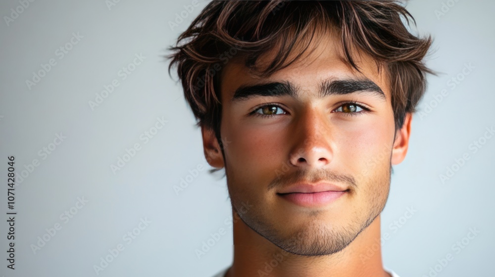Poster a portrait of a young man in a studio using softbox lighting to make his face sharp and dimensional.