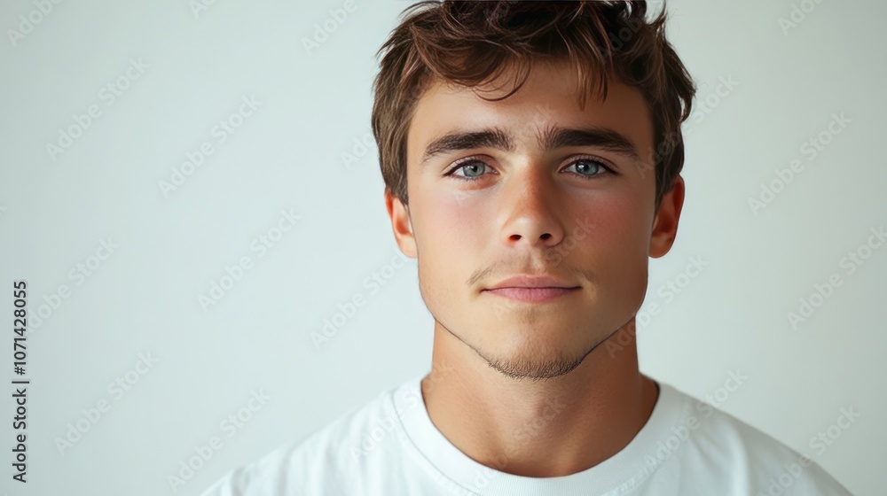 Poster a portrait of a young man in a studio using softbox lighting to make his face sharp and dimensional.