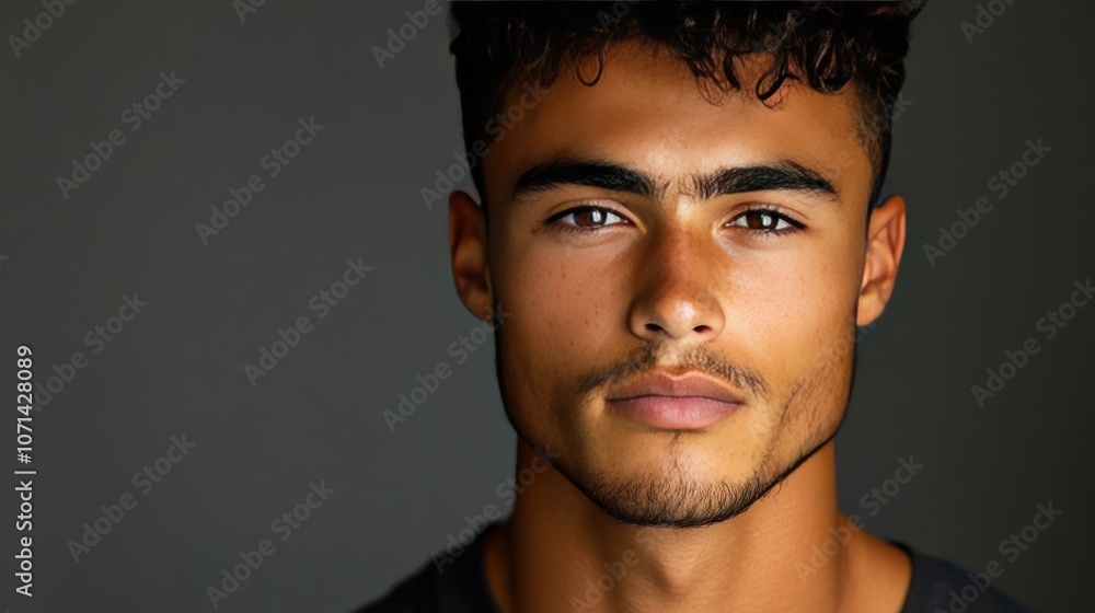 Poster a portrait of a young man in a studio with softbox lighting to make his face look sharp and dimensio
