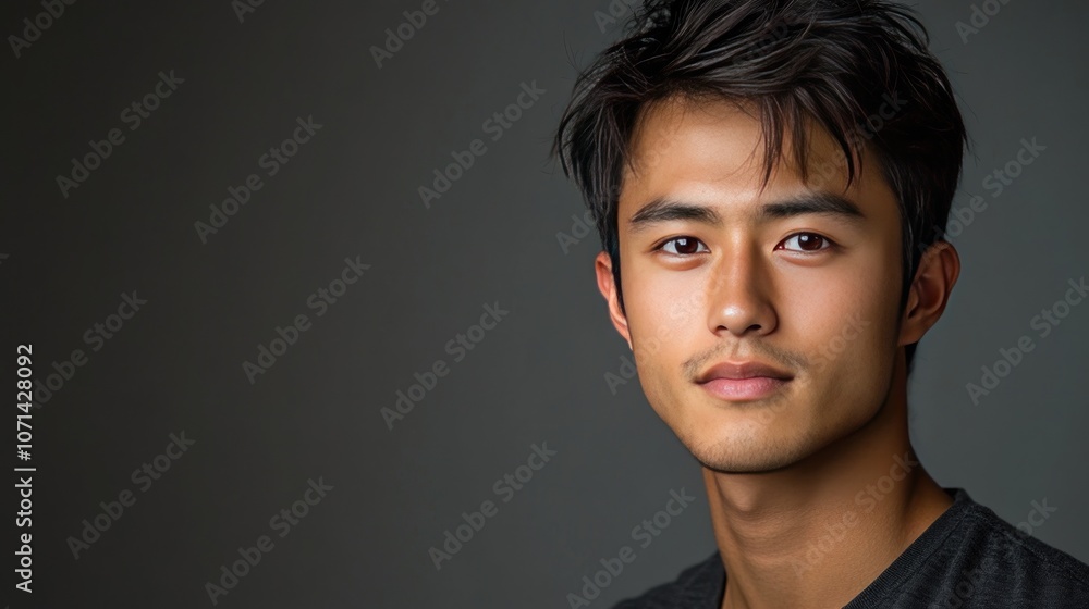 Poster a portrait of a young man in a studio with softbox lighting to make his face look sharp and dimensio
