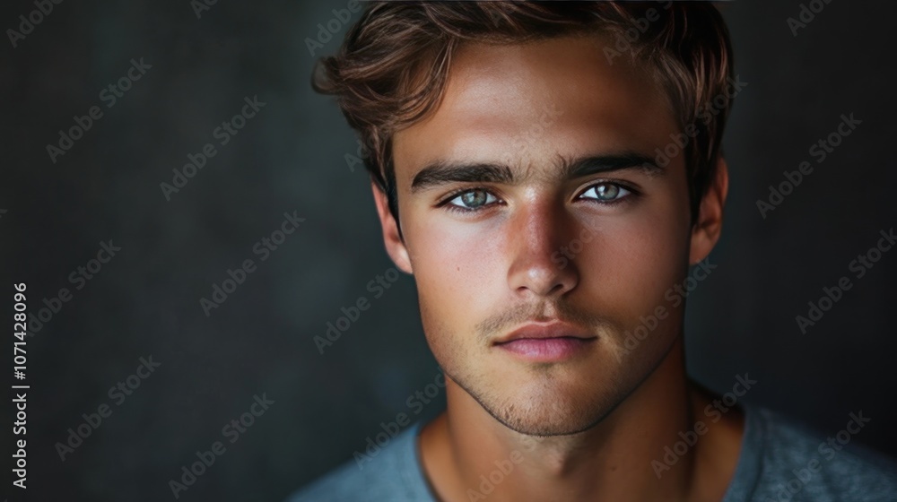 Poster a portrait of a young man in a studio with softbox lighting to make his face look sharp and dimensio