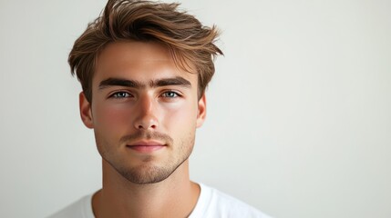 Naklejka premium A portrait of a young man in a studio using softbox lighting to make his face sharp and dimensional. The plain white background emphasizes the subject.