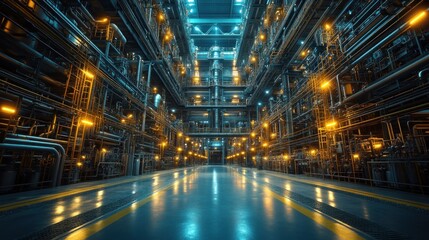 A futuristic industrial space with glowing lights and pipes.