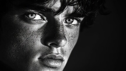 Fototapeta premium A young man in a black and white portrait with side lighting creates intense shadows on his face and emphasizes the sharp details of his facial structure.