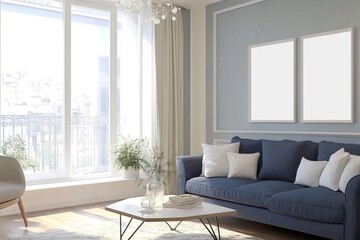 Modern bright youth living room with white blank poster, photo mockup