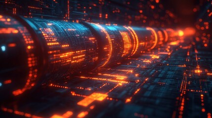 Futuristic digital tunnel with glowing data streams.