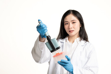 Portrait of Asian woman diagnostic laboratory scientist wear blue gloves holding pipette against copy space workplace isolated on white background.Laboratory equipment and medical treatment concept.