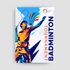 badminton sports concept poster design, vector illustration of a badminton athlete with a jumping smash. colored silhouette style design, grunge. badminton national sports day celebration design conce