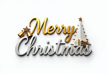 Simple and elegant text 'Merry Christmas' combine golden with christmast tree, bells, golden white gift box and christmas stuff decorative isolated on white background