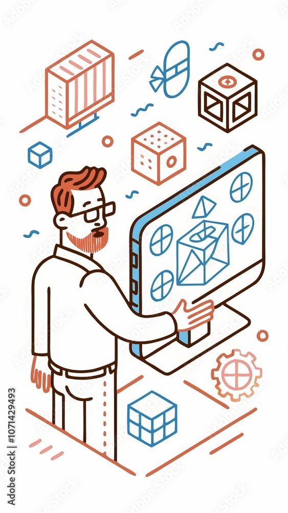 Poster designer interacting with 3d interface on computer screen in modern office