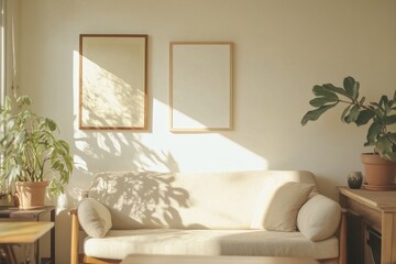 Modern living room with gallery wall with white posters, neutral furniture and stylish coffee table, photo mockup
