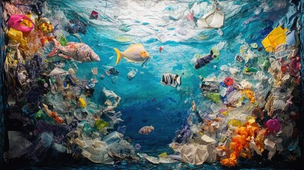 Fototapeta premium Marine life among floating plastic waste, an impactful scene showing the consequences of environmental pollution on the ocean