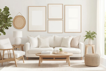 Modern living room with gallery wall with white posters, neutral furniture and stylish coffee table, photo mockup