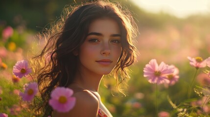 Naklejka premium A young woman in a brightly colored dress stands by the edge of a flower field. The sunlight shines through the flowers, creating beautiful and bright shadows on her hair.