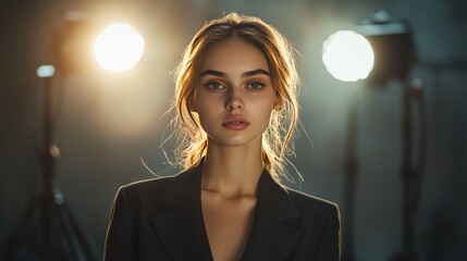 Obraz premium A young woman in a dark blazer standing in a studio. Spotlights from above highlight the sharp features of her face and create a confident look.