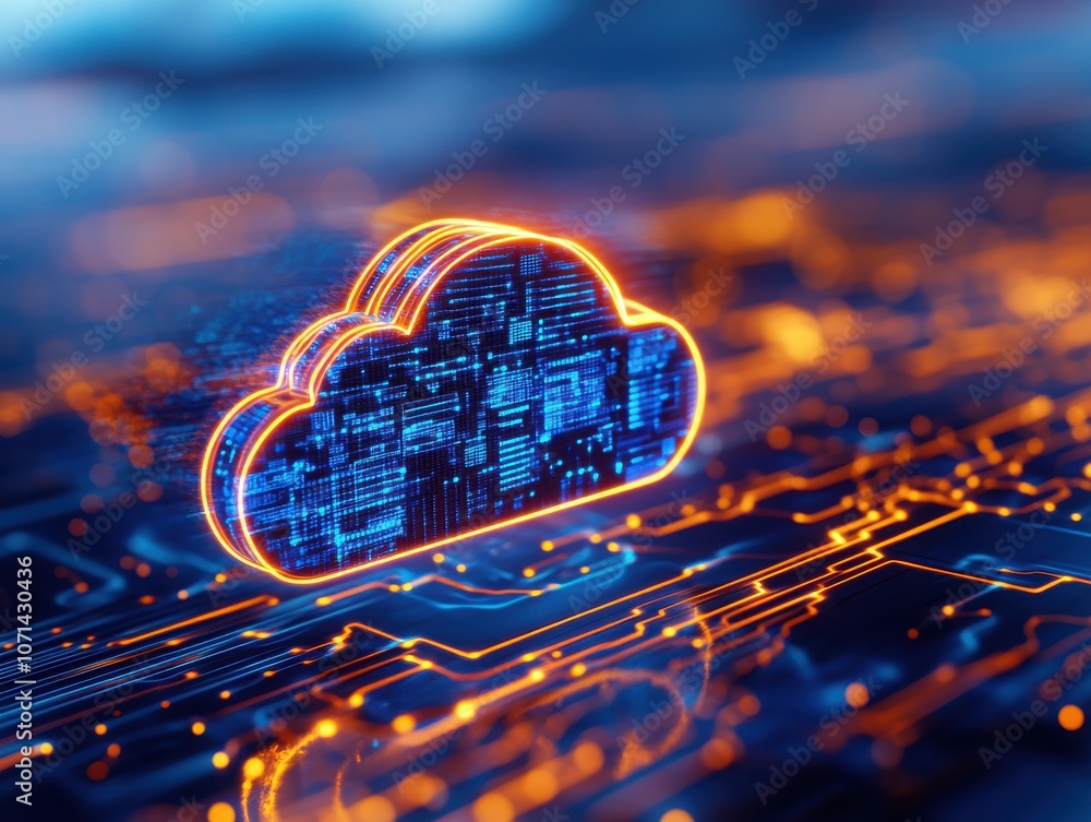 Poster futuristic cloud technology illustration with glowing data circuits, representing digital storage an