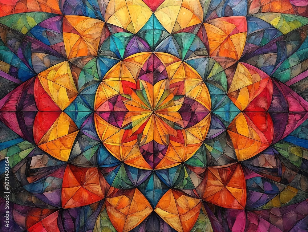Poster abstract colorful geometric pattern with a mandala-like design in the center.