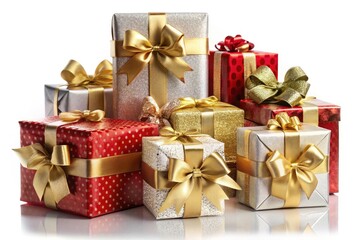 Fototapeta premium Elegant Assorted Christmas Gift Boxes with Long Exposure Effects on White Background