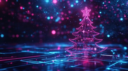 Modern Christmas concept featuring a tech-inspired tree made of neon lights and stars, set against a dark digital background