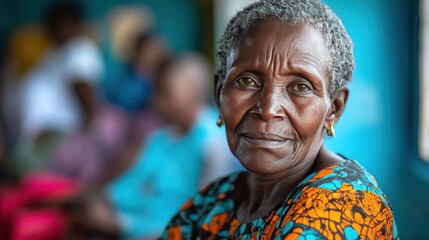 Fototapeta premium Elderly woman sits while receiving vaccination at a community health center. Staff and nurses provide care with care and caution.